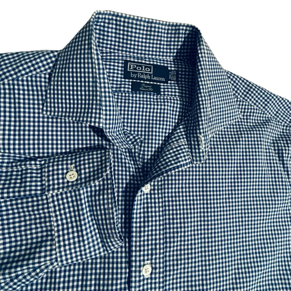 Polo Ralph Lauren Mens 16.5 33 Blue Gingham Regent Classic Fit Dress Shirt